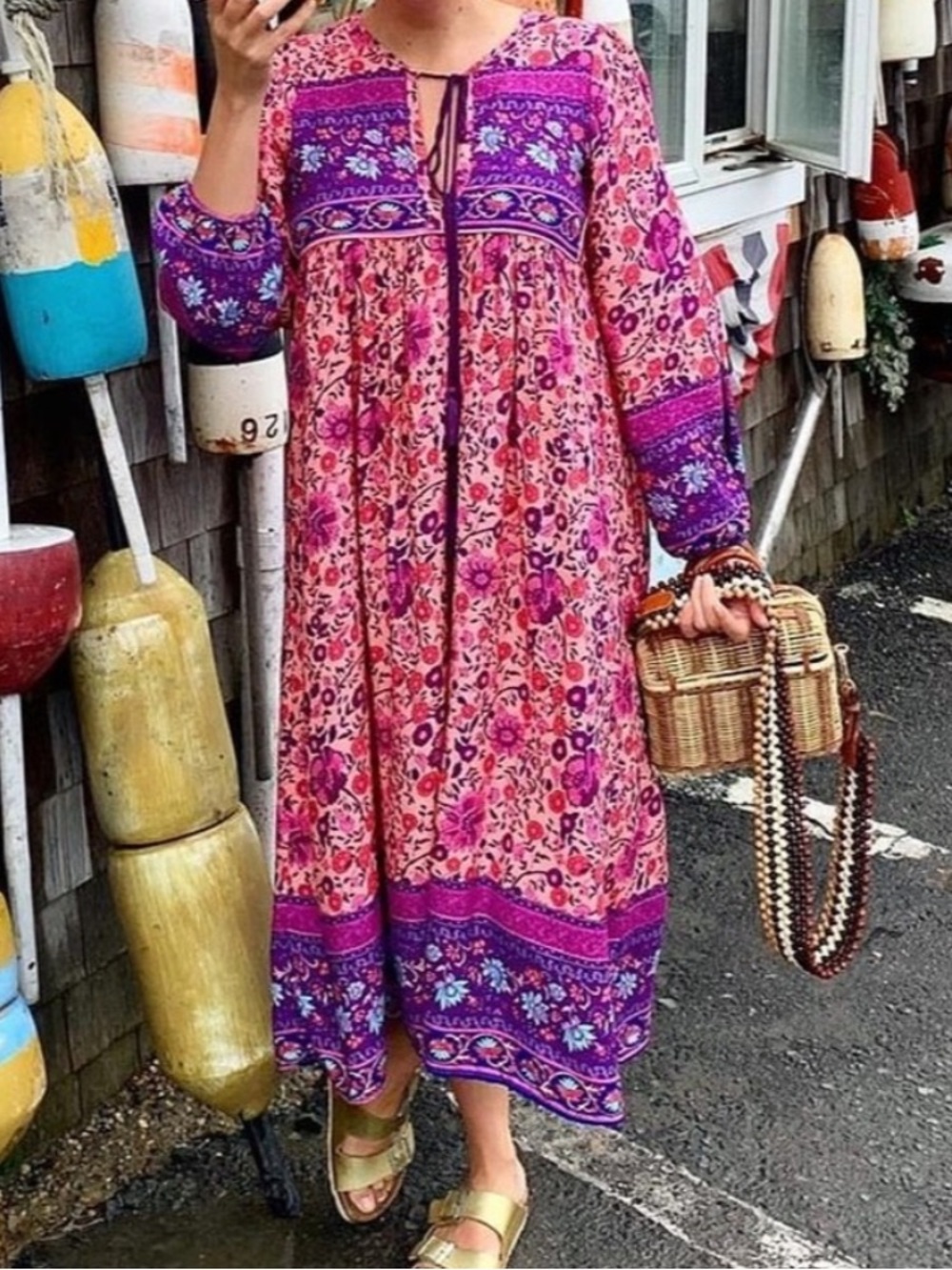 R. Vivimos Boho Floral Print Tunic Midi Dress Peasant Pink Purple Size 2X